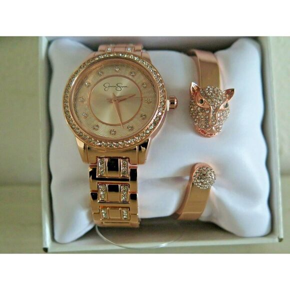 Jessica Simpson JSB8002RG Rose Gold Watch w/ Panther/Tiger Bracelet Crystal Pave - Picture 3 of 12